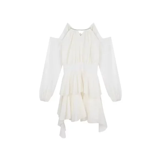 French Rich Family Dirin apricot Chiffon dress Autumn and Winter Chiffon Skirt Ruffled Waist Dating Princess Skirt