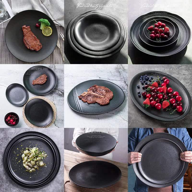 Black Matte Custom Logo Ceramic Plates Personal Plates Salad Fruit