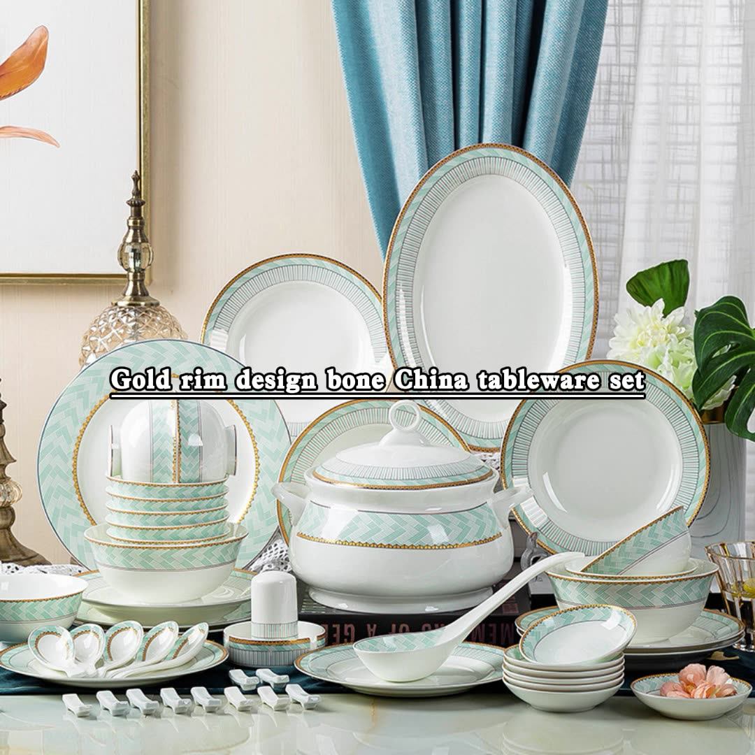 50 Pcs Gold Rim Bone China Porcelain Dinner Plate Set Dinnerware Sets