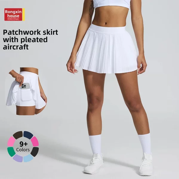 Rongxin House Stitched Organ Pleated Tennis Skirt Quick-drying Sports Badminton Skirt Covering Hip Slimming Outdoor Sports Skirt