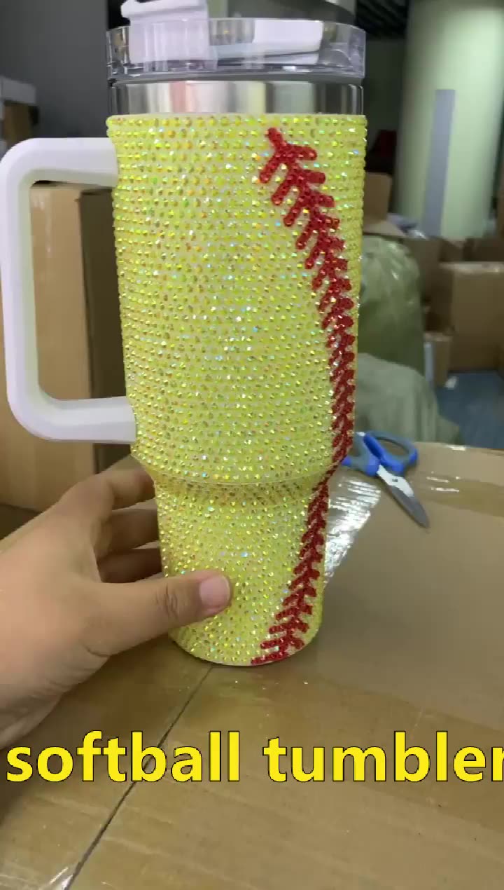 Custom 40oz Rhinestone Bling Softball Tumbler Crystal Yellow Softball Cup Bling Football