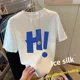 Hong Kong style ice silk short sleeve T-shirt men's and women's same national fashion design print couple summer loose top half sleeve