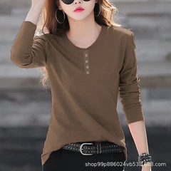 Long-sleeved T-shirt for women in 2024 spring and autumn new solid color base shirt round neck button versatile slim temperament top