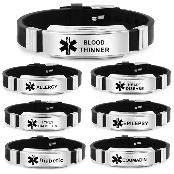 Black Silicone Bracelet Sugar Disease Bracelet Stainless Steel Life Star Medical Logo Diabetic Silicone Bracelet