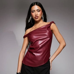 Sawadika Q24TP615 Amazon new off-shoulder pleated slim irregular short sleeveless top leather jacket