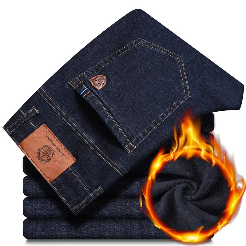 Direct Manufacturer Sales Winter Fleece Denim Jeans for Men Autumn and Winter Loose Straight Leg Elastic Men's Thick Warm Long Pants