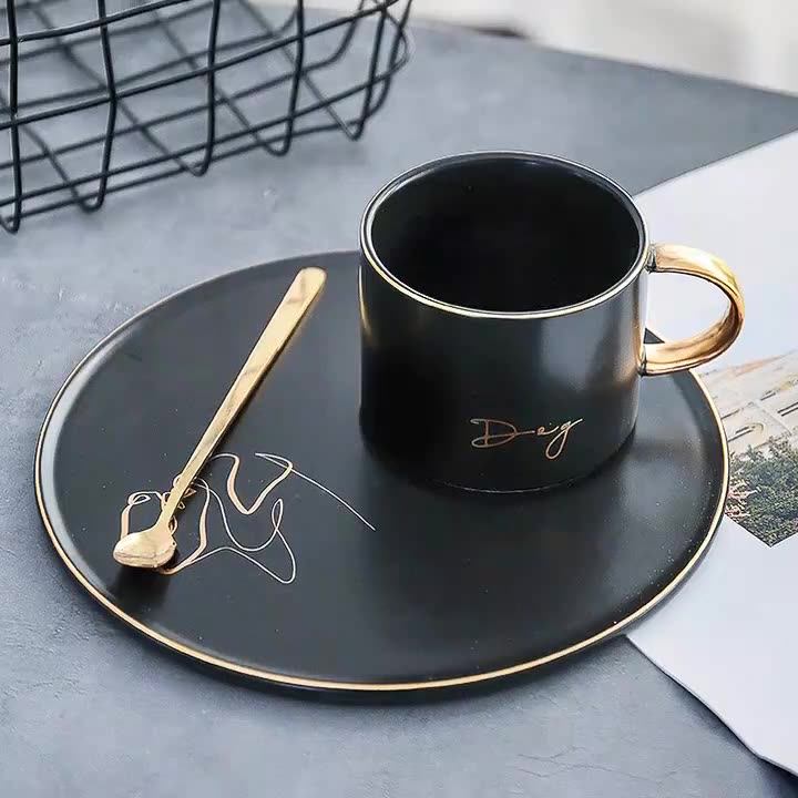 250ml Luxury Coffee Mug With Tray Set Gold Plating Handle Black White