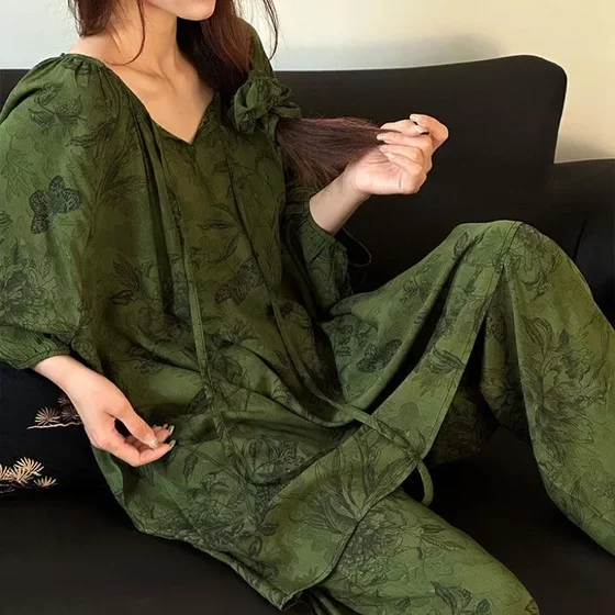 [pocket home suit] cotton silk spring and summer pajamas women's national style lantern sleeve rayon long sleeve trousers home clothes