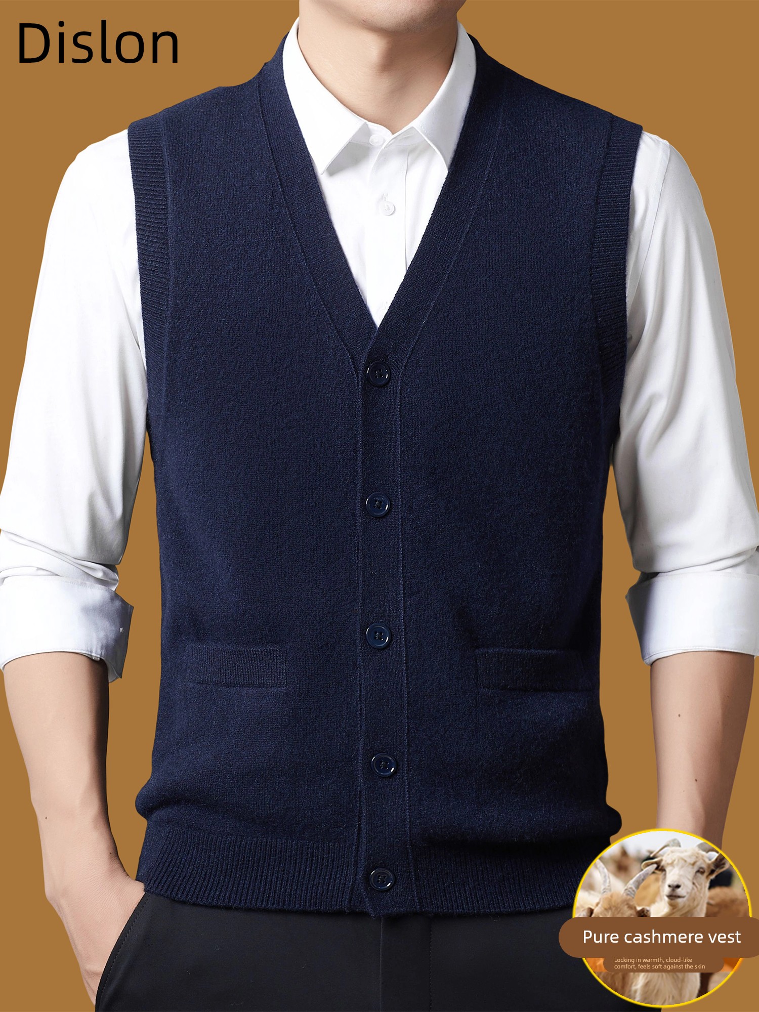 Disilun 100% Pure Cashmere Vest for Men, High-End Sleeveless Knitted Cardigan Sweater, Simple Style Waistcoat