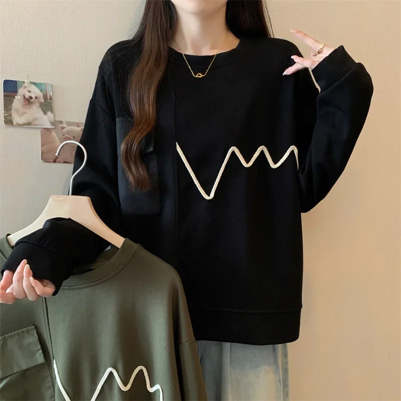plus size Women's Simple Casual Sweat Round Neck Shoulder Sleeve Loose Slimming Western Style Long Sleeve