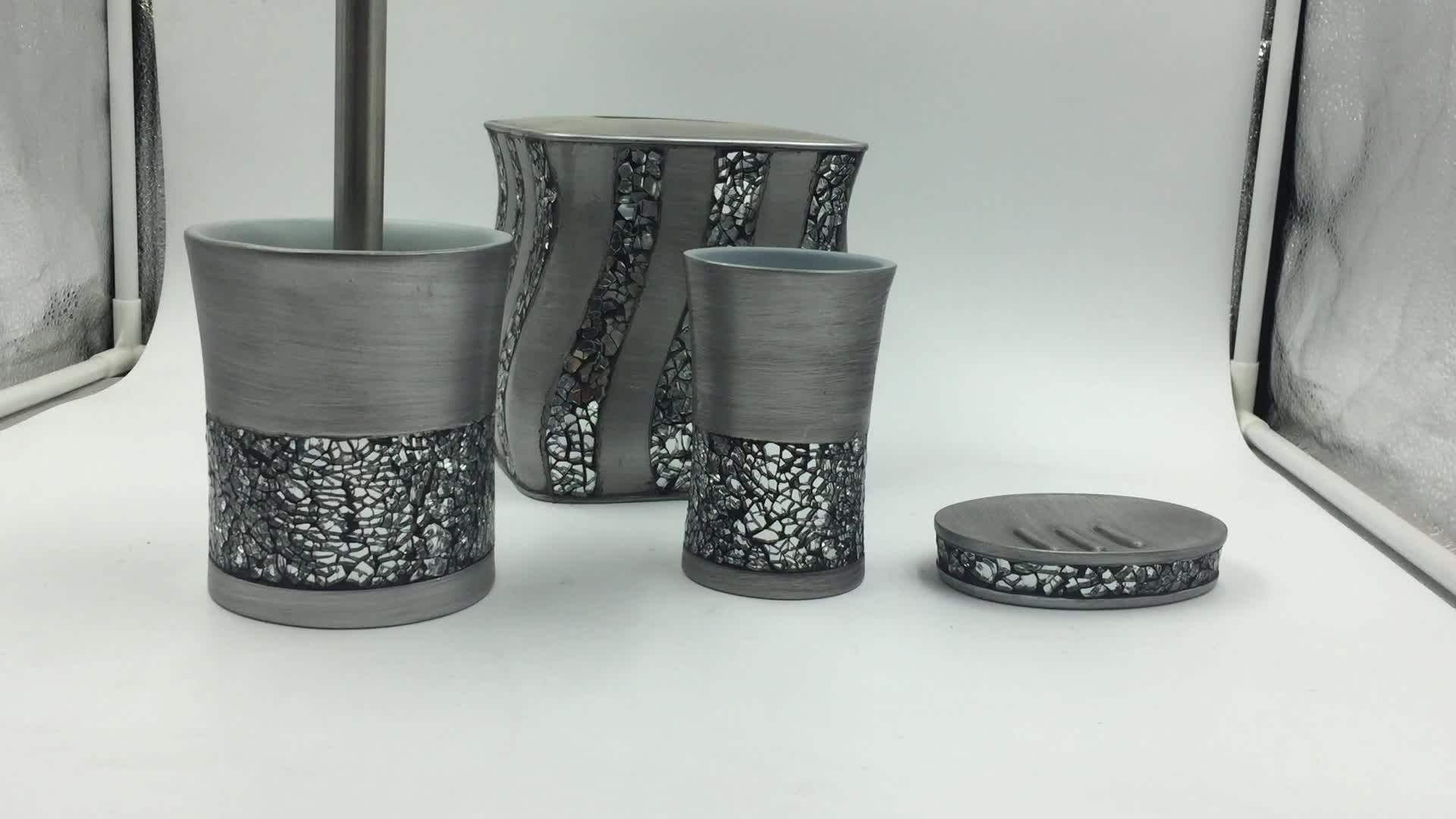 Hotel Silver Mosaic Bathroom Accessories Set 5 Pieces Bath Set Resin