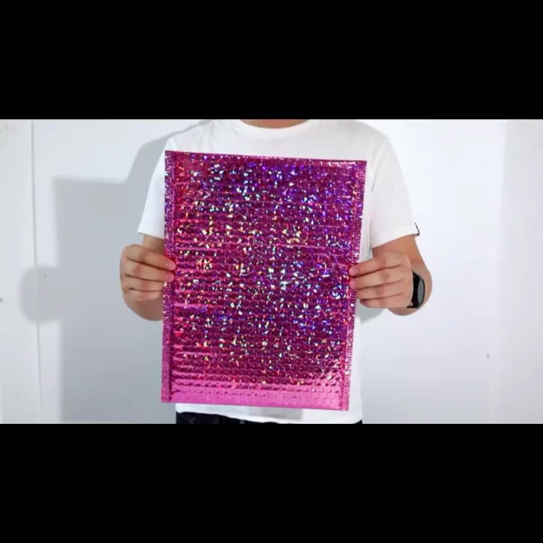 Shiny Laser Holographic Pink Bubble Envelope Mailers Poly Mailing Jewelry Packaging Bags Custom