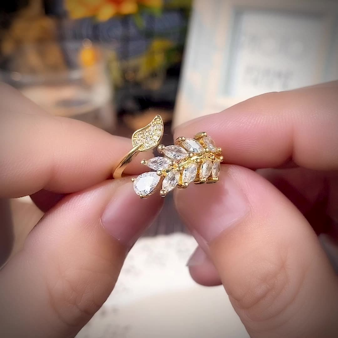 Gold Plated 18k Leaf Ring With Zircon For Women - Moissanite