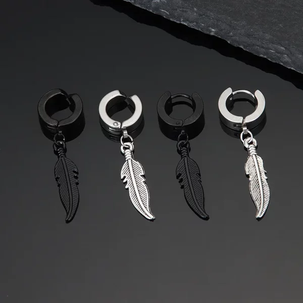Ear clip no ear hole feather leaf ear buckle no ear hole earring men and women students street personality black titanium steel earrings