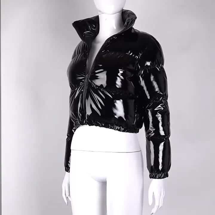 Winter Women Cute Pink Bright PU Puffer Jackets Warm Loose Bubble Coat Down  Parkas Zipper Stand Collar Cropped Jacket