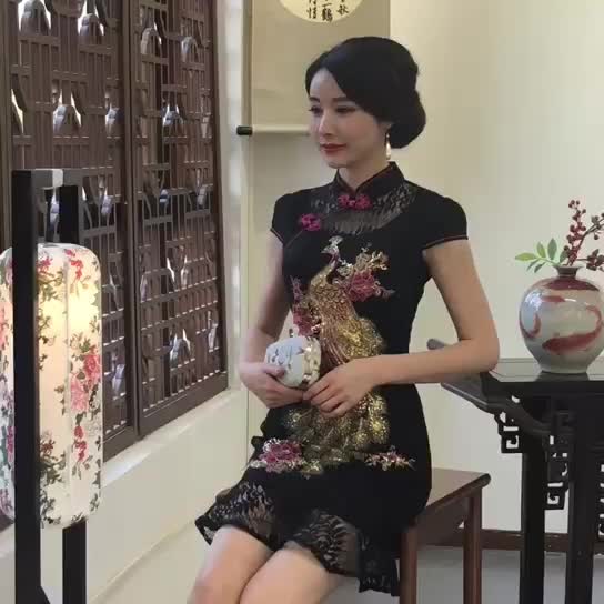 Phoenix, summer short cheongsam for mother, evening dress, fitted,  Phoenix, summer short cheongsam for mother, evening dress, fitted,