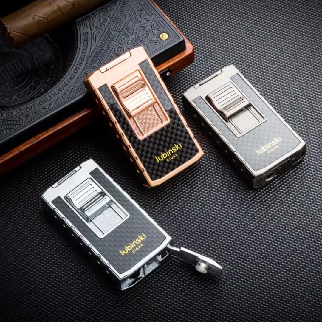 Lubinski Double Flames Carbon Fiber Jet Torch Gas Cigar Lighter And