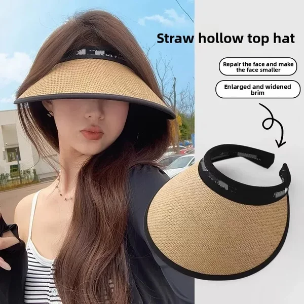 Large Brim Vinyl Sun Hat Women's Summer Anti-Uv Empty Top Hat Cycling Beach Straw Sunshade Hat