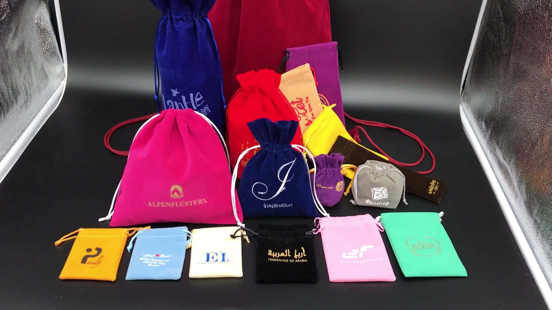 Customized Embroidery Logo Drawstring Velvet Round Bottom Wine Gift