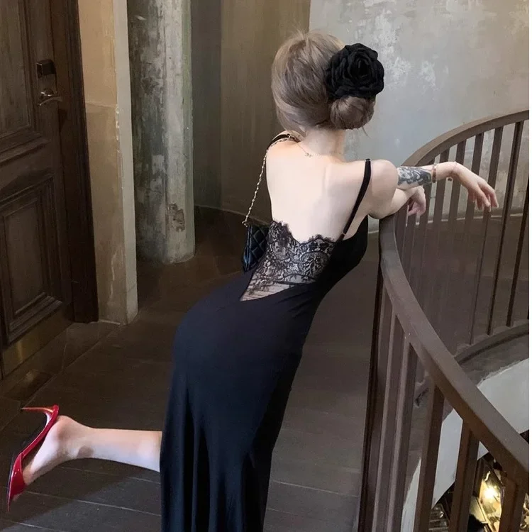 2025 New Swaying Posture Desire Full Strap Fishtail Backless Lace dress Women's Spring Dress