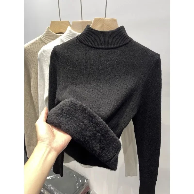 Thickened integrated fuzzy half-sleeve women's winter new warm and warm innerwear plain color versatile base knit sweater