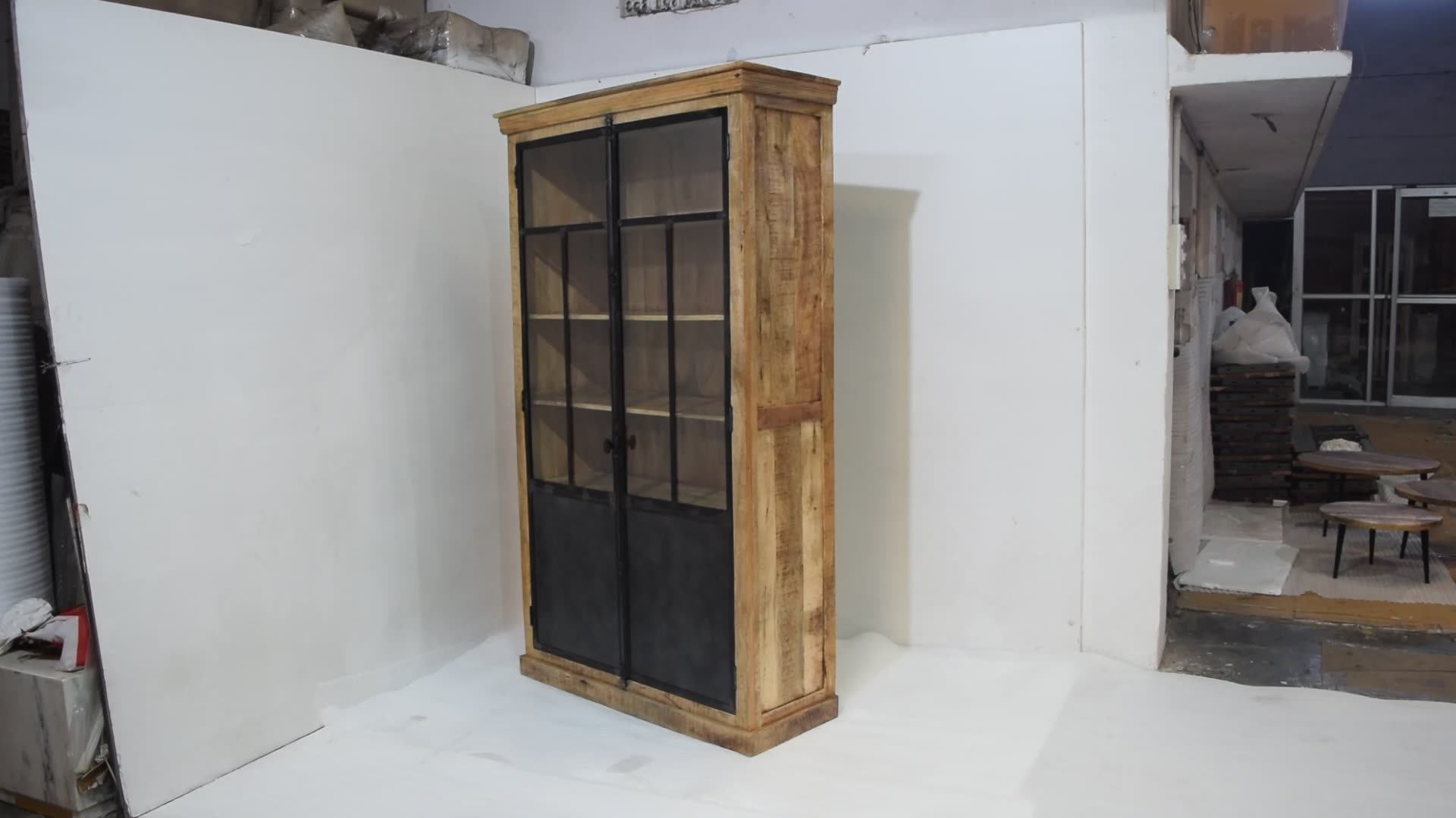 Tall Mango Wooden Almirah With Glass Panel Vintage Industrial