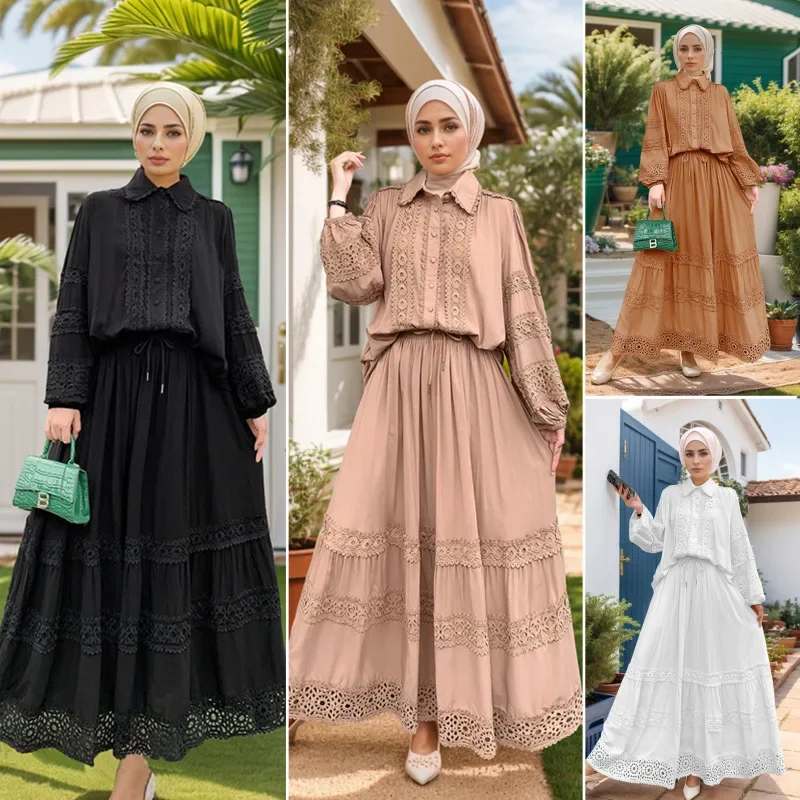 Muslim Cross-border Middle East Women's Lace-applique Shirt Loose Skirt Long Skirt Two-piece Suit