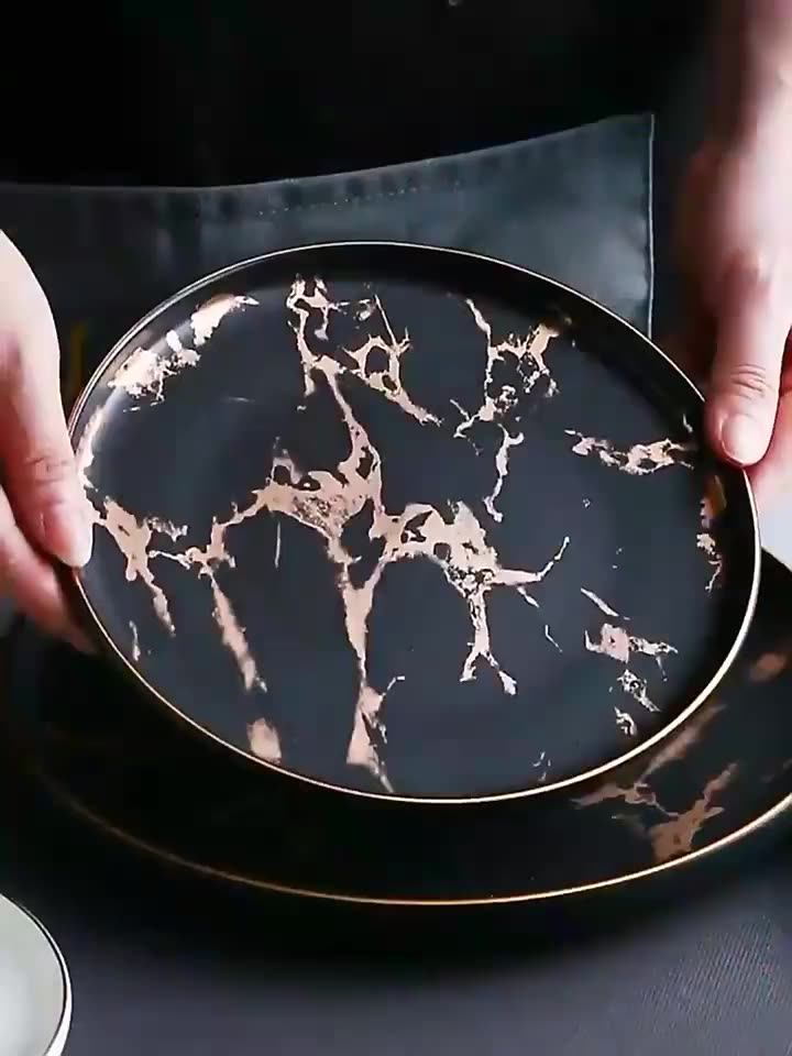 Wholesale Tableware Nordic Style Black Marble Design Dishes Round