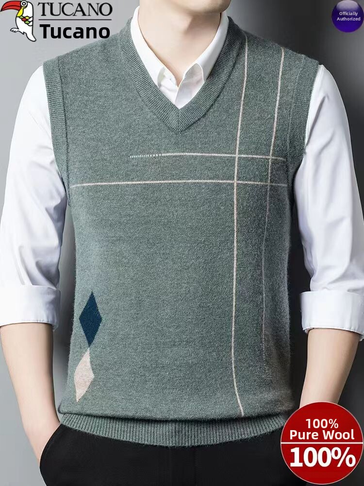 Woodpecker Autumn and Winter 100% Pure Wool V-Neck Men's Thickened Warm Knitted Sweater Vest Waistcoat