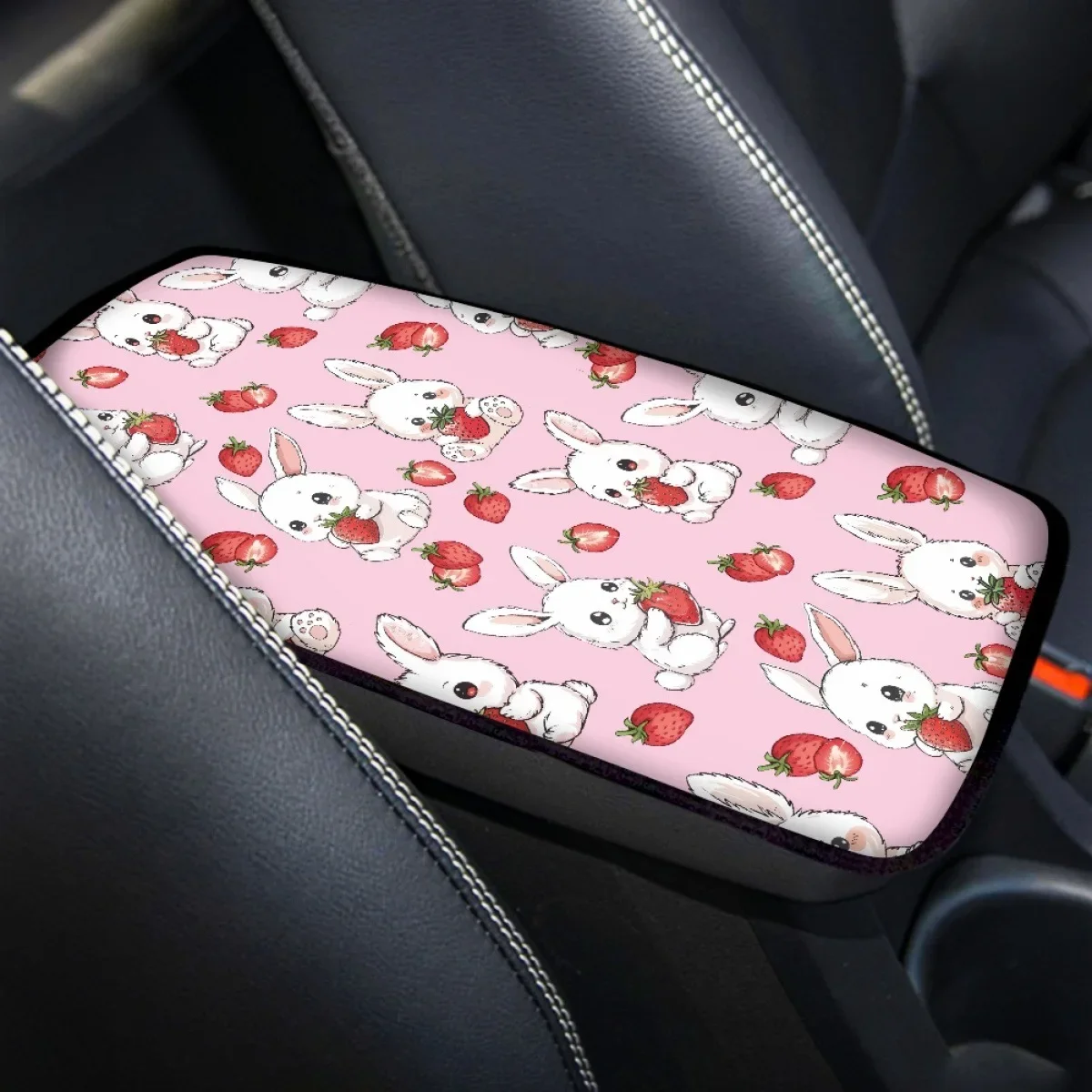 Cross-border one-piece car armrest pad new cute rabbit strawberry print pattern car armrest box protective cover
