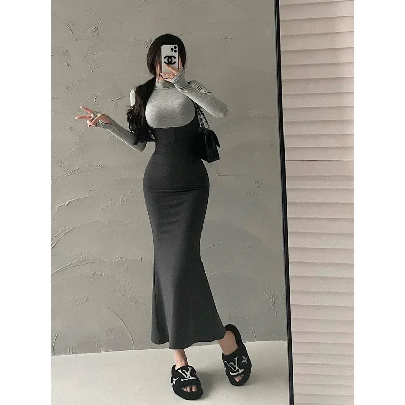 歐美辣妹女裝純欲性感緊身小高領長袖T恤包臀魚尾背帶連衣裙套裝