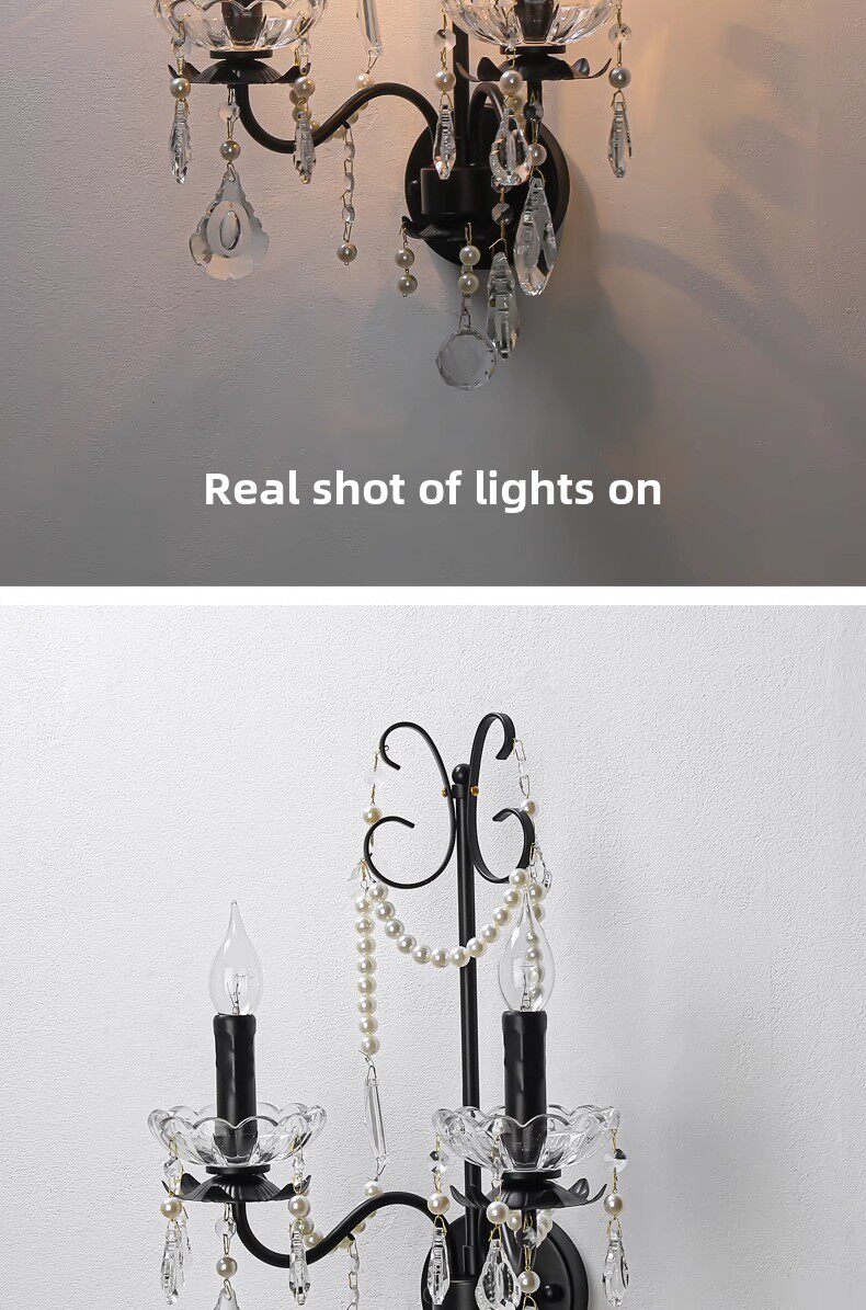 Бра 法式覆古水晶壁灯轻奢卧室床头过道蜡烛灯黑色酒店客厅背景墙灯具