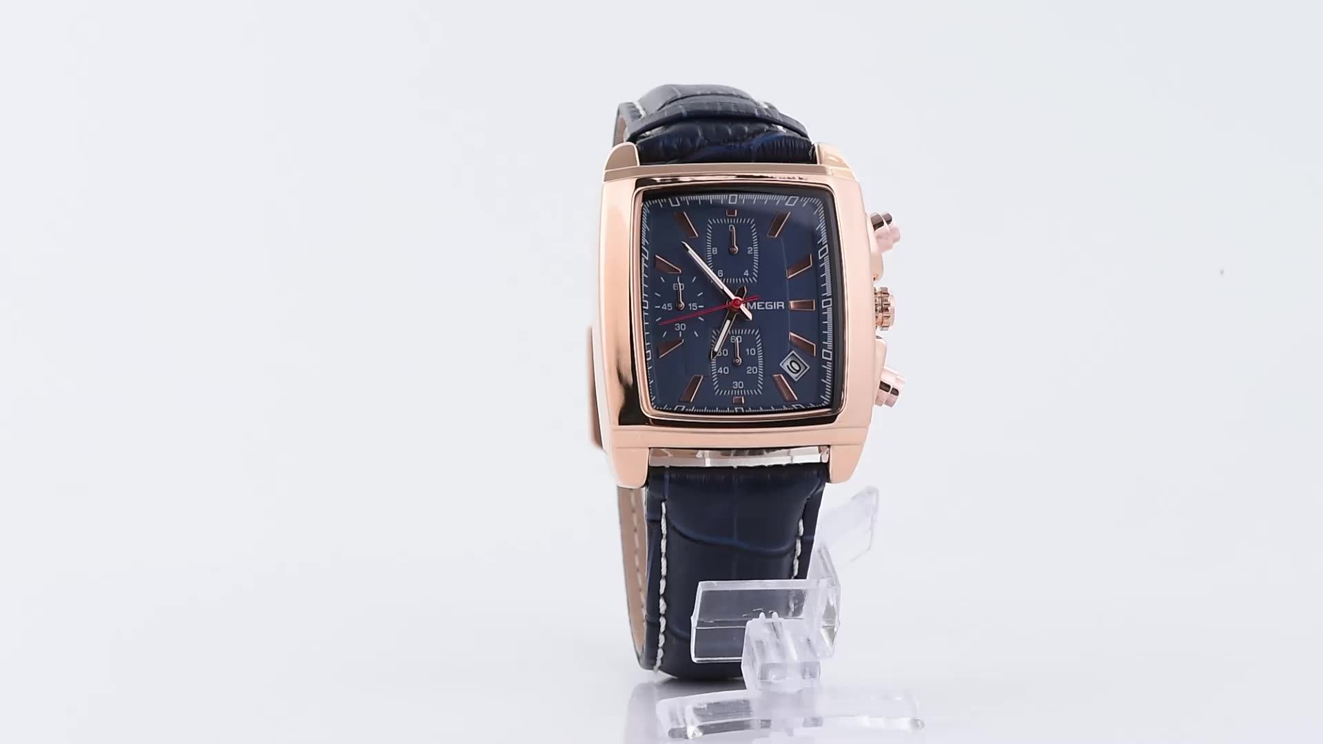 MEGIR 2028 Men's Quartz Square Watch with Brown Leather Band