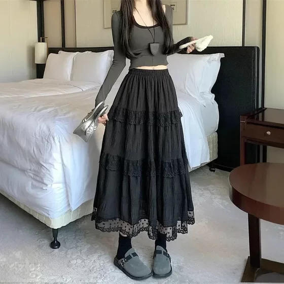 Elegant Lace Cake Skirt Women's 2025 Spring and Summer New French High Waist Stitching Large Swing Skirt A- line Skirt