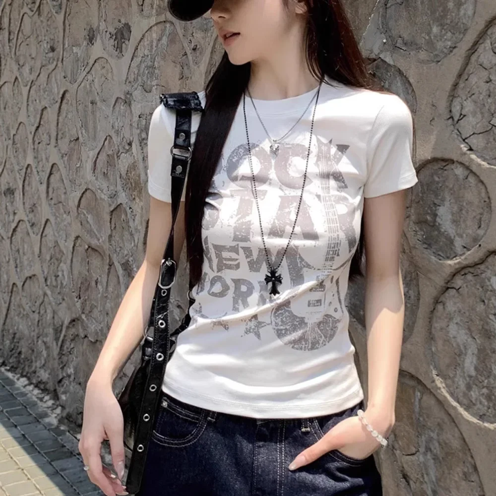 American-Style Right Shoulder Letter Design, Sweet and Cool White Short-Sleeved T-Shirt for Women, New Summer Casual and Versatile Sexy T-Shirt