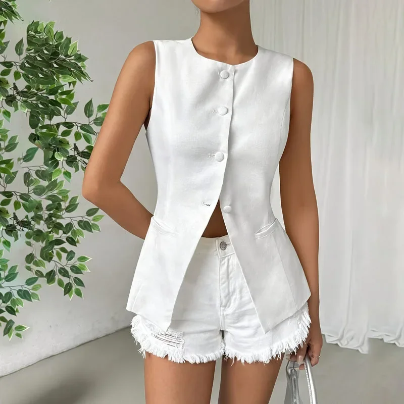 2024 European and American Foreign Trade Cross-border AliExpress Amazon Sleeveless Button Crewneck Slim-fit Elegant Vest Top
