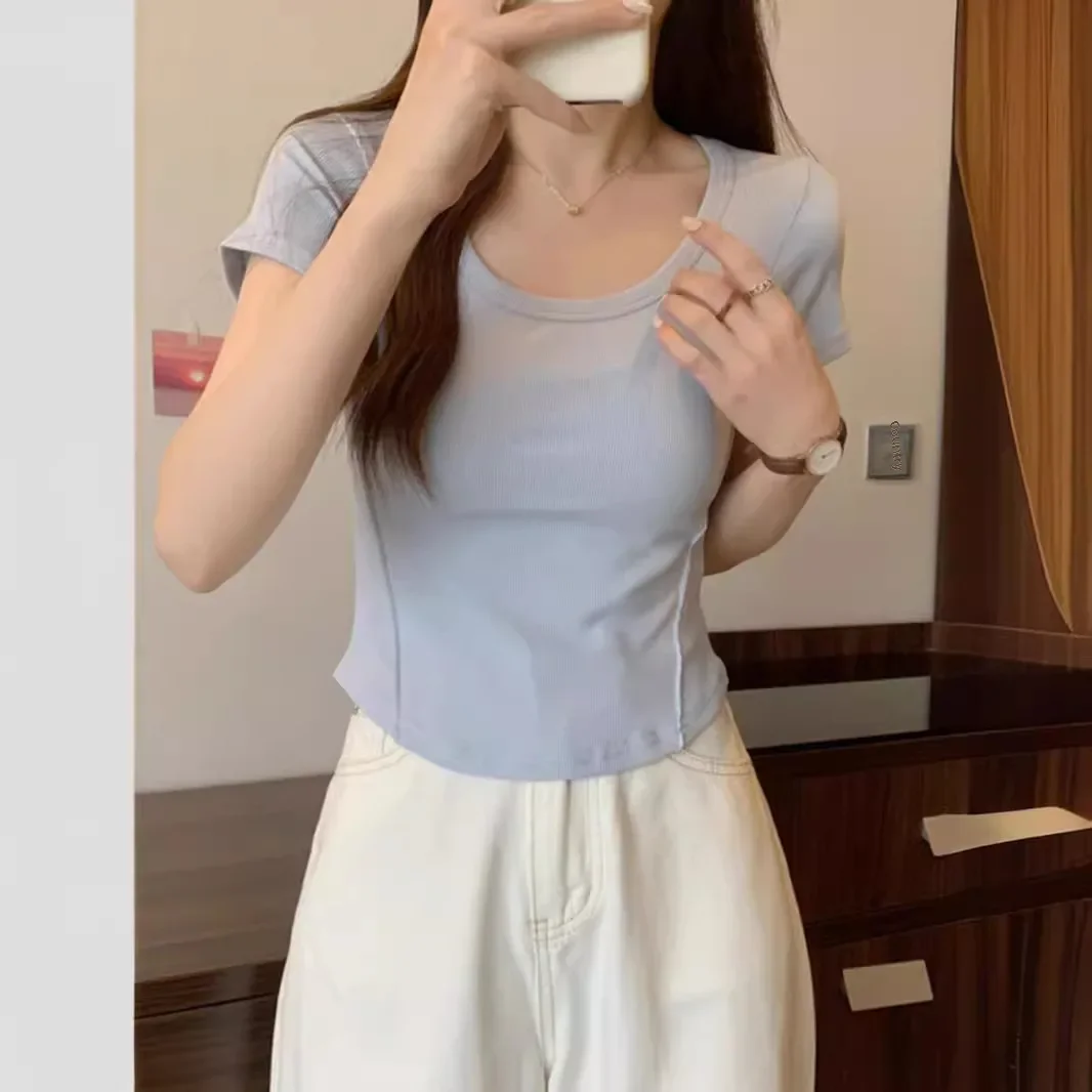 Unstructured U-neck women's short sleeve T-shirt 2025 summer new Korean style slim high-waisted short student plain color top trendy