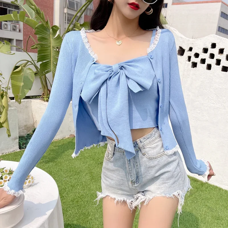 200 Jin Women's Big Bow Base Sling Outer Wear Vest Lace Cardigan Small Chubby mm Slim