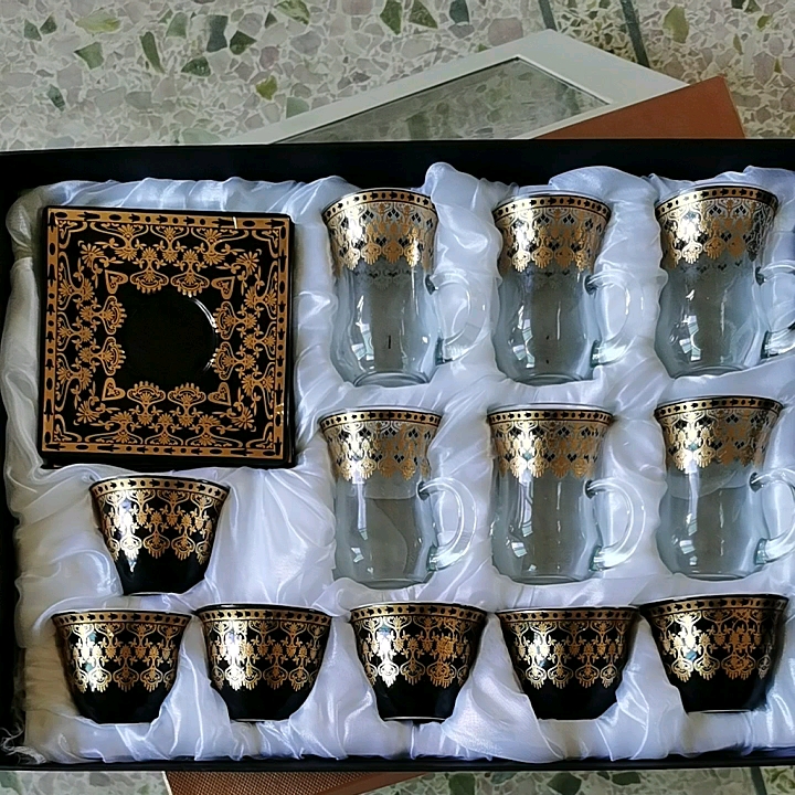 Arapça 18 Parça Siyah Türk Çay Seti,Kahve Seti,Çay Tutucu Seramik