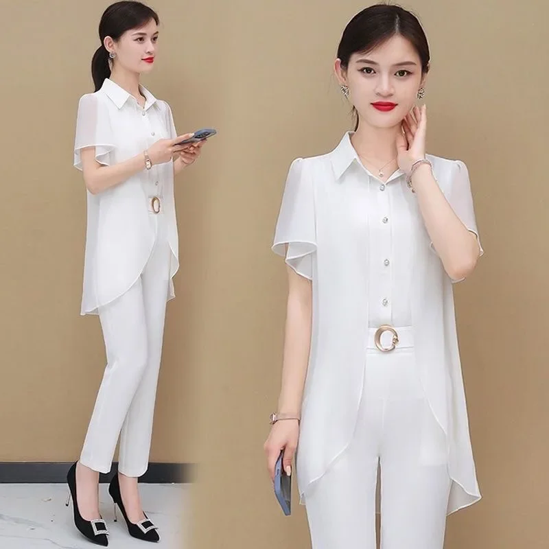 Summer Fashion Stylish Age-reducing Short-sleeved Chiffon suit Women's Chanel Style Elegant Slim Look Professional Two-piece Pants