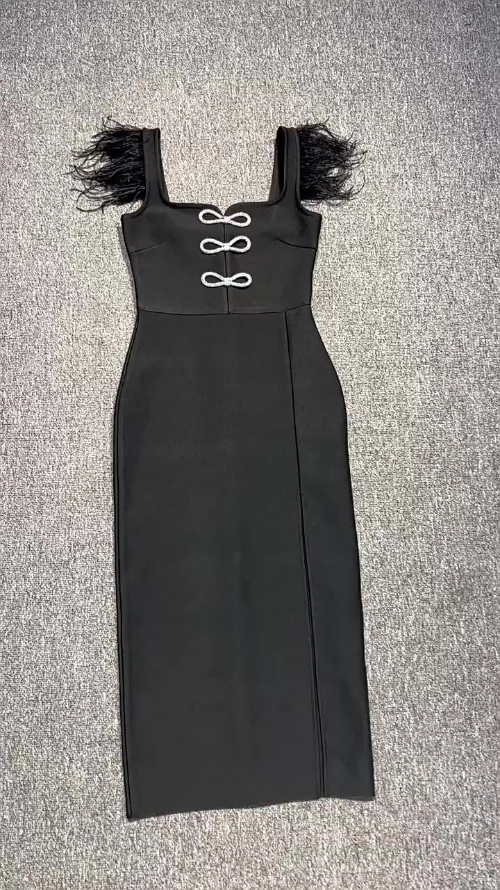 Sexy Square Neck Crystal Bow Feathers Bandage Dress Women Black ...
