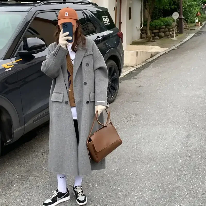 Autumn/winter 2024 Korean style loose long knee-length woolen coat women's small gray mid-length woolen coat