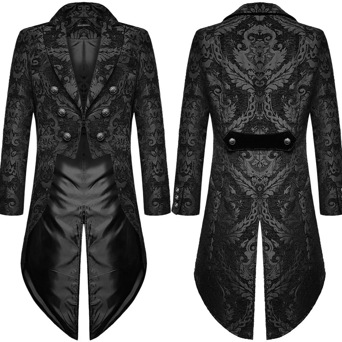 Fashion Men's Gothic Steampunk Tail Jacket Black Brocade Brocade Wedding Jacket