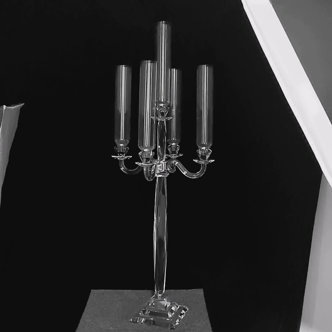 Cristal Tubos Vela Titular 5 Brazos Alto Boda Candelabro De Vidrio De