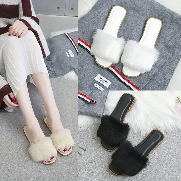 2021 Autumn and Winter New Flat Slippers Casual Korean Style Women's Shoes Fluffy Shoes Slippers Comfortable Women's Open Toe Slippers