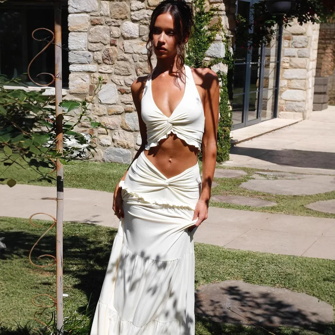 Winter New European and American Style Women's Fashion Sexy V-Neck Halter Strap Top Ear Long Dress Two-Piece Suit