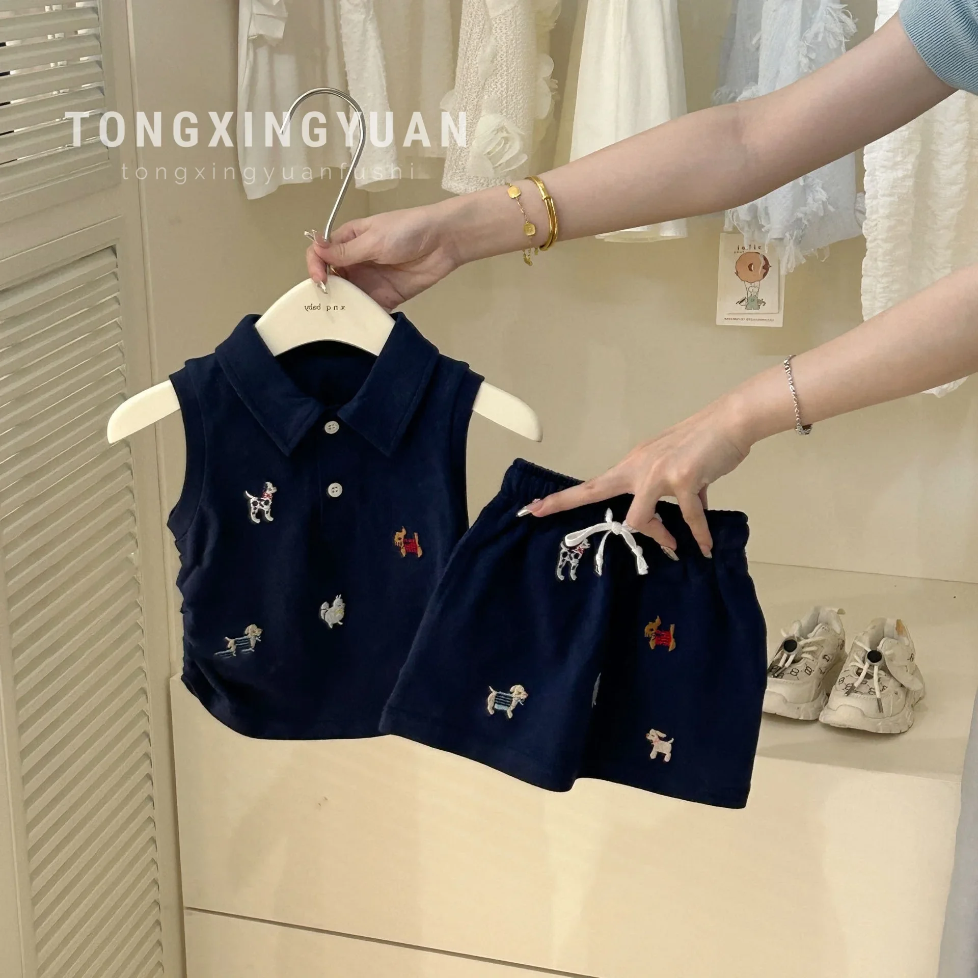 Tongxingyuan girls summer suit new style baby college style polo collar vest top skirt two-piece set