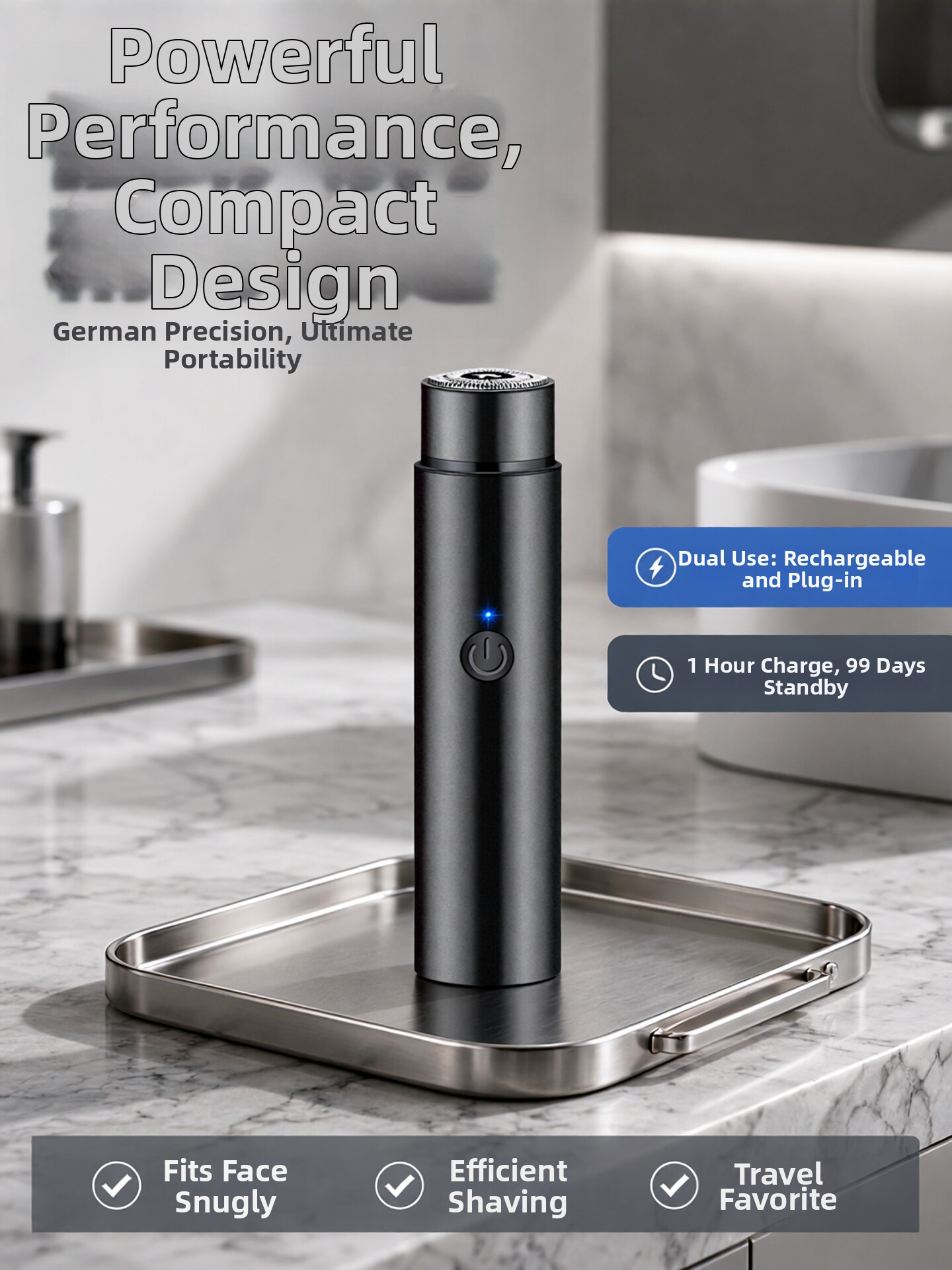 German Precision Small Electric Shaver for Men, Compact Beard Trimmer, Travel Shaver