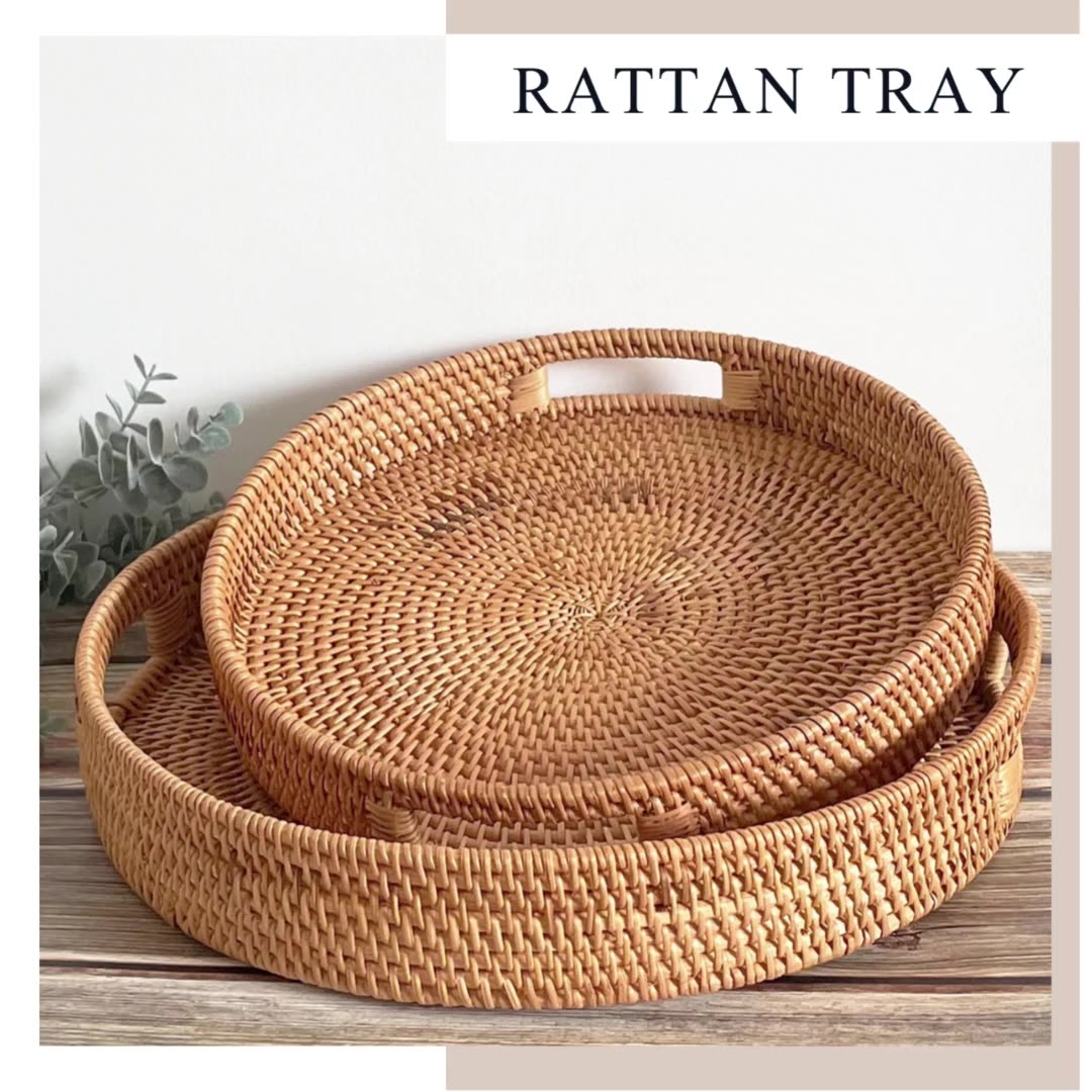 Round Wicker Rattan Tray Home Decor Bathroom Vanity Container Towels