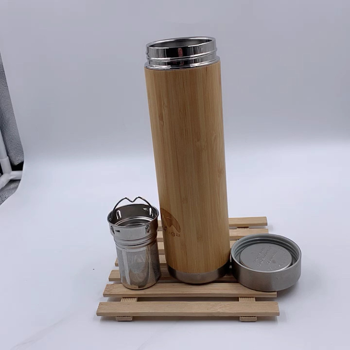 Portable 18oz Stainless Steel Bamboo Thermos Tumbler With Metal Bottom
